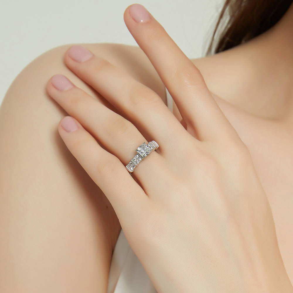 Model wearing Solitaire 1.25ct Cushion CZ Ring in Sterling Silver, 3 of 9