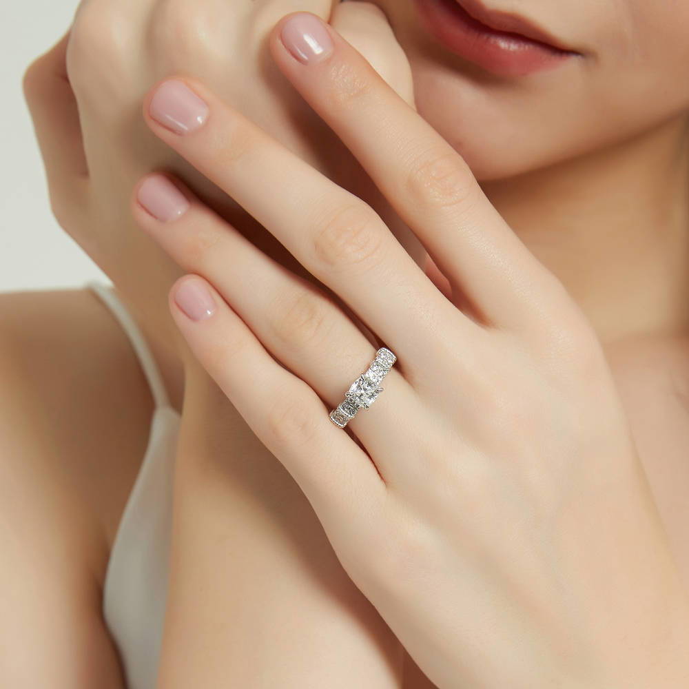 Model wearing Solitaire 1.25ct Cushion CZ Ring in Sterling Silver, 2 of 9