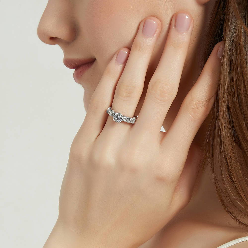 Model wearing Solitaire 1ct Round CZ Ring in Sterling Silver, 3 of 9