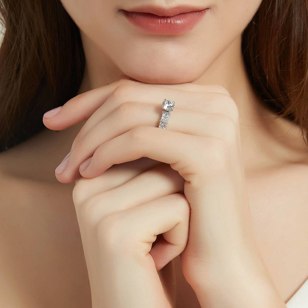 Model wearing Solitaire 1ct Round CZ Ring in Sterling Silver, 6 of 9