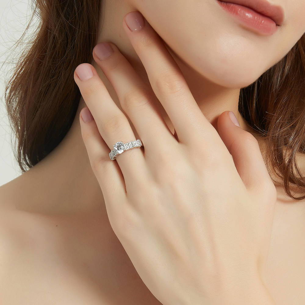 Model wearing Solitaire 1ct Round CZ Ring in Sterling Silver, 2 of 9