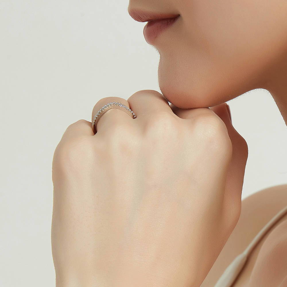 Model wearing Halo Wishbone CZ Split Shank Ring Set in Sterling Silver, 18 of 19