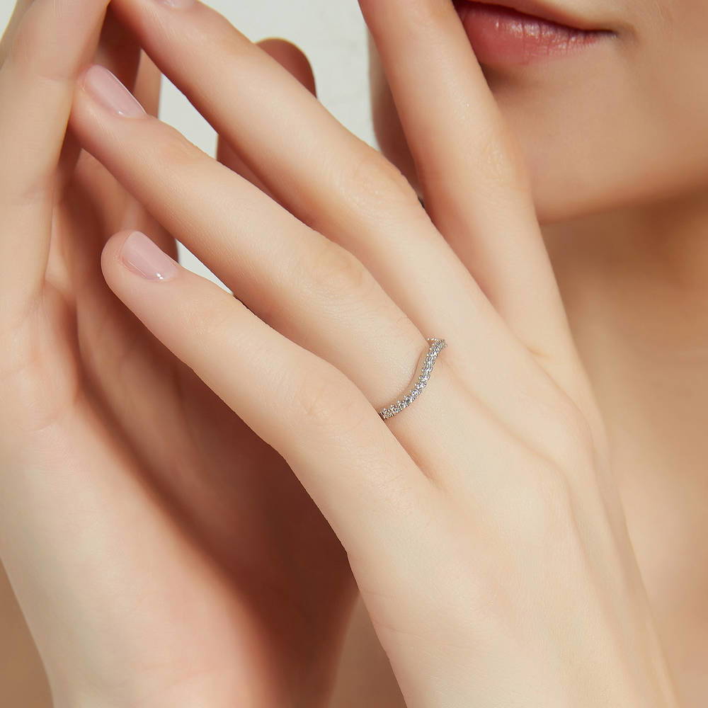 Model wearing Halo Wishbone CZ Split Shank Ring Set in Sterling Silver, 16 of 19