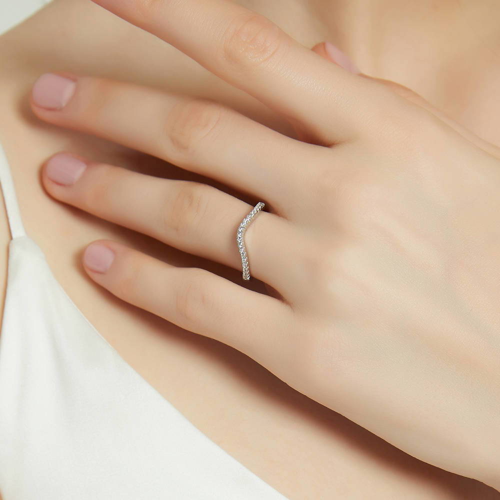Model wearing Halo Wishbone CZ Split Shank Ring Set in Sterling Silver, 15 of 19