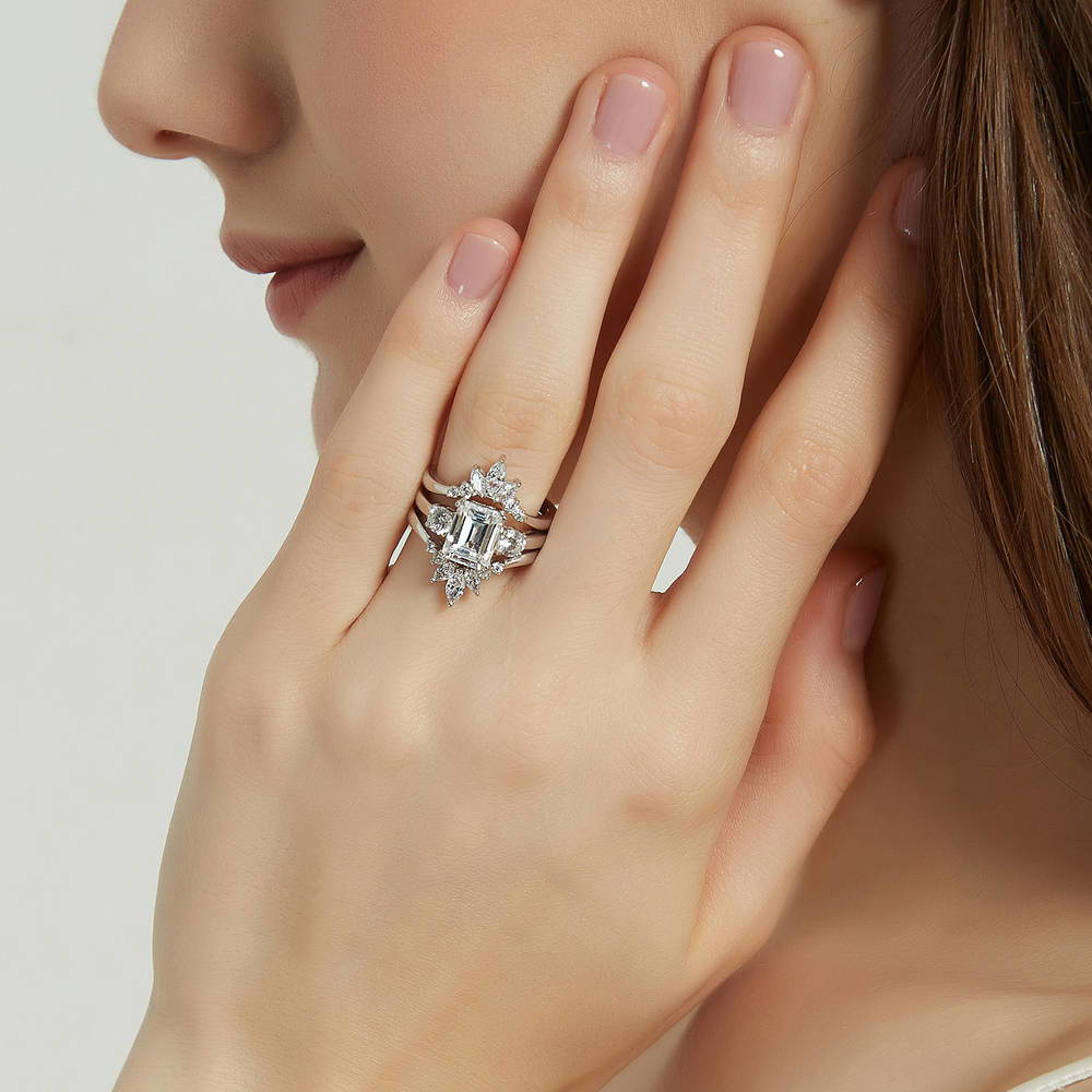 Model wearing 3-Stone Flower 7-Stone Wishbone CZ Ring Set in Sterling Silver, 2 of 19