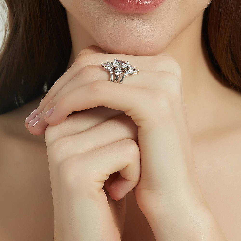 Model wearing 3-Stone Flower 7-Stone Wishbone CZ Ring Set in Sterling Silver, 9 of 19