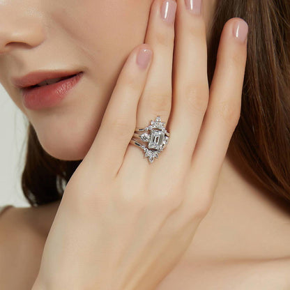 3-Stone Flower 7-Stone Wishbone CZ Ring Set in Sterling Silver
