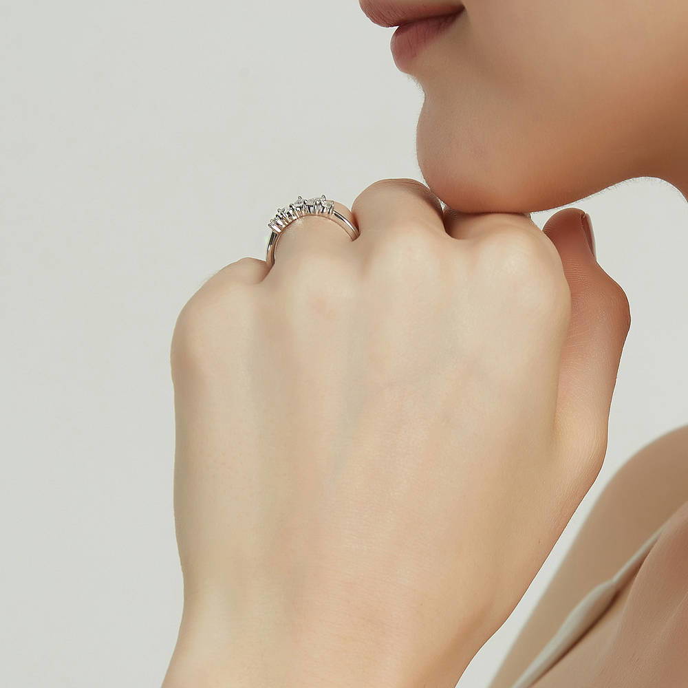 Model wearing 5-Stone Wishbone CZ Curved Band in Sterling Silver, 7 of 9