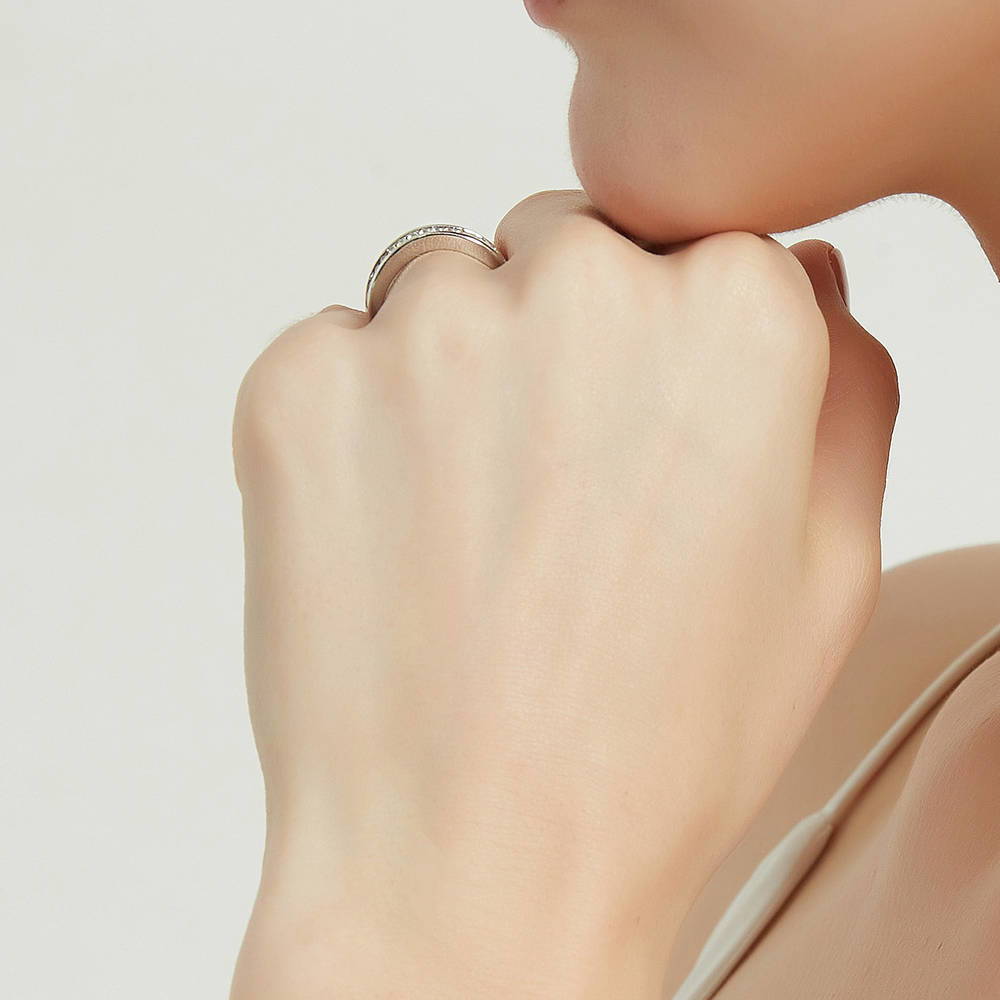 Model wearing 3-Stone 1ct CZ Ring Set in Sterling Silver, 18 of 19
