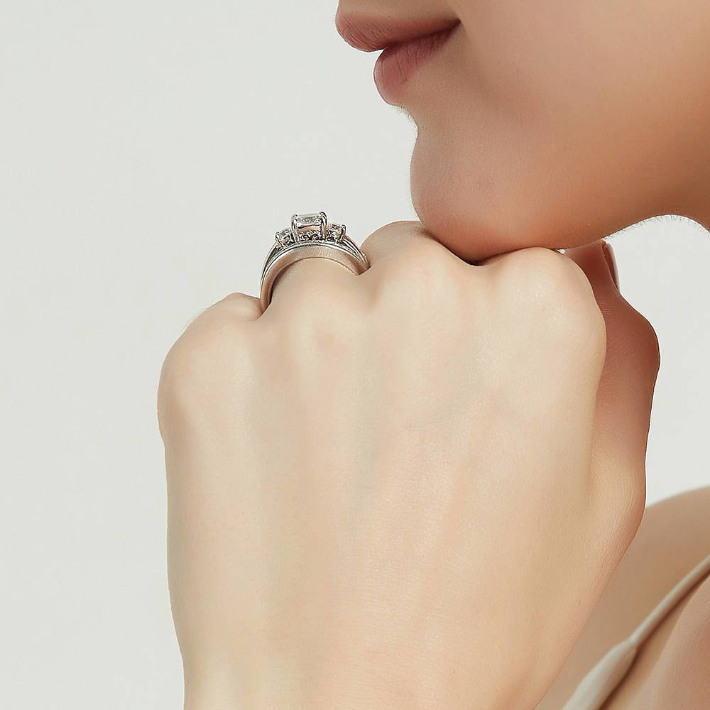 Model wearing 3-Stone 1.5ct Cushion CZ Ring Set in Sterling Silver, 7 of 18