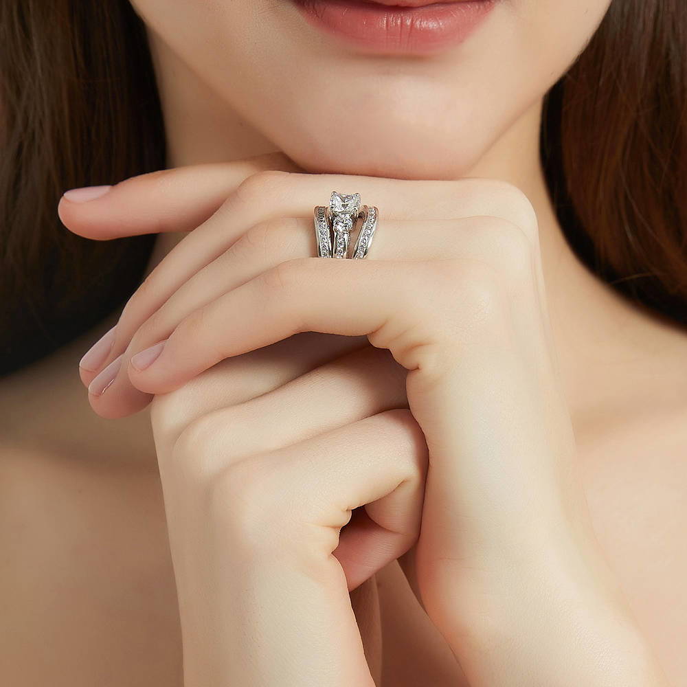 Model wearing 3-Stone 1.5ct Cushion CZ Ring Set in Sterling Silver, 6 of 18