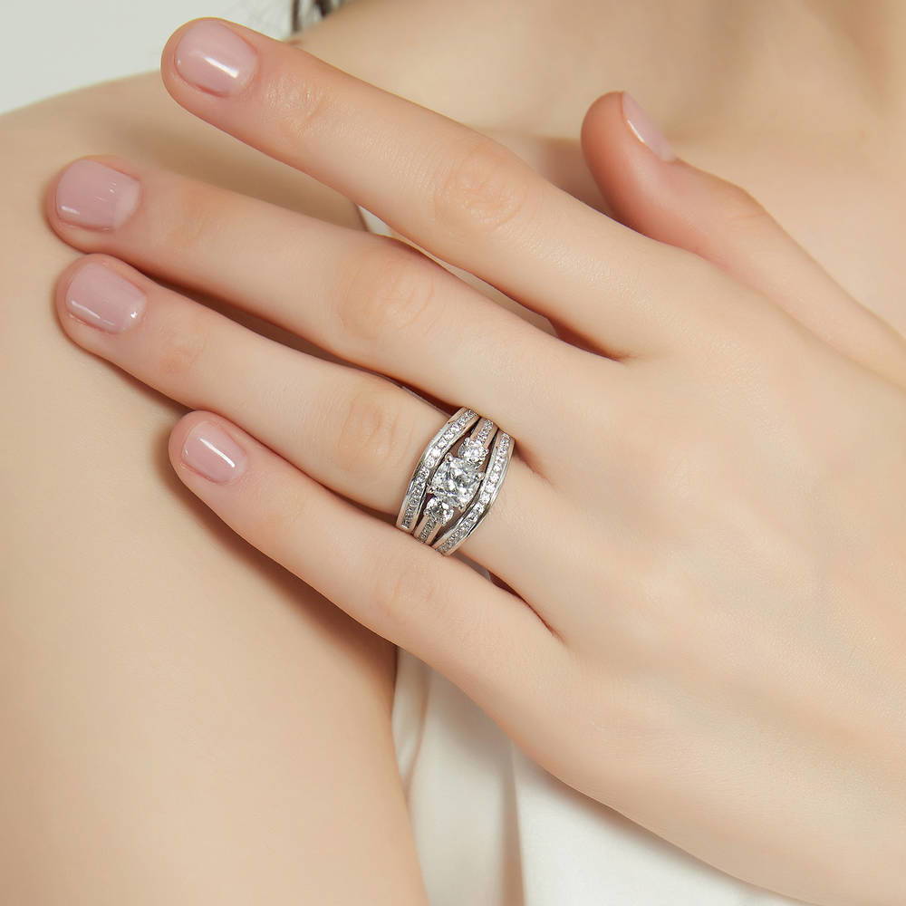 Model wearing 3-Stone 1.5ct Cushion CZ Ring Set in Sterling Silver, 2 of 18