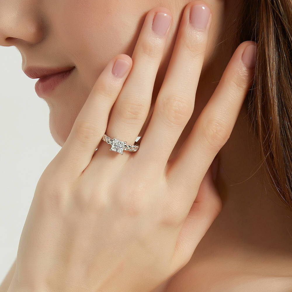 Model wearing Solitaire Woven 1.2ct Princess CZ Ring Set in Sterling Silver, 9 of 17