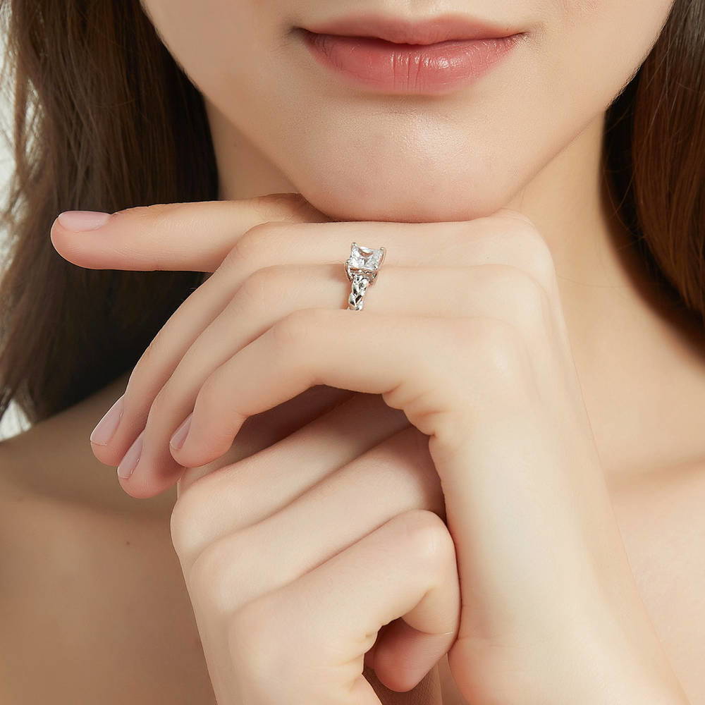 Model wearing Solitaire Woven 1.2ct Princess CZ Ring Set in Sterling Silver, 6 of 13