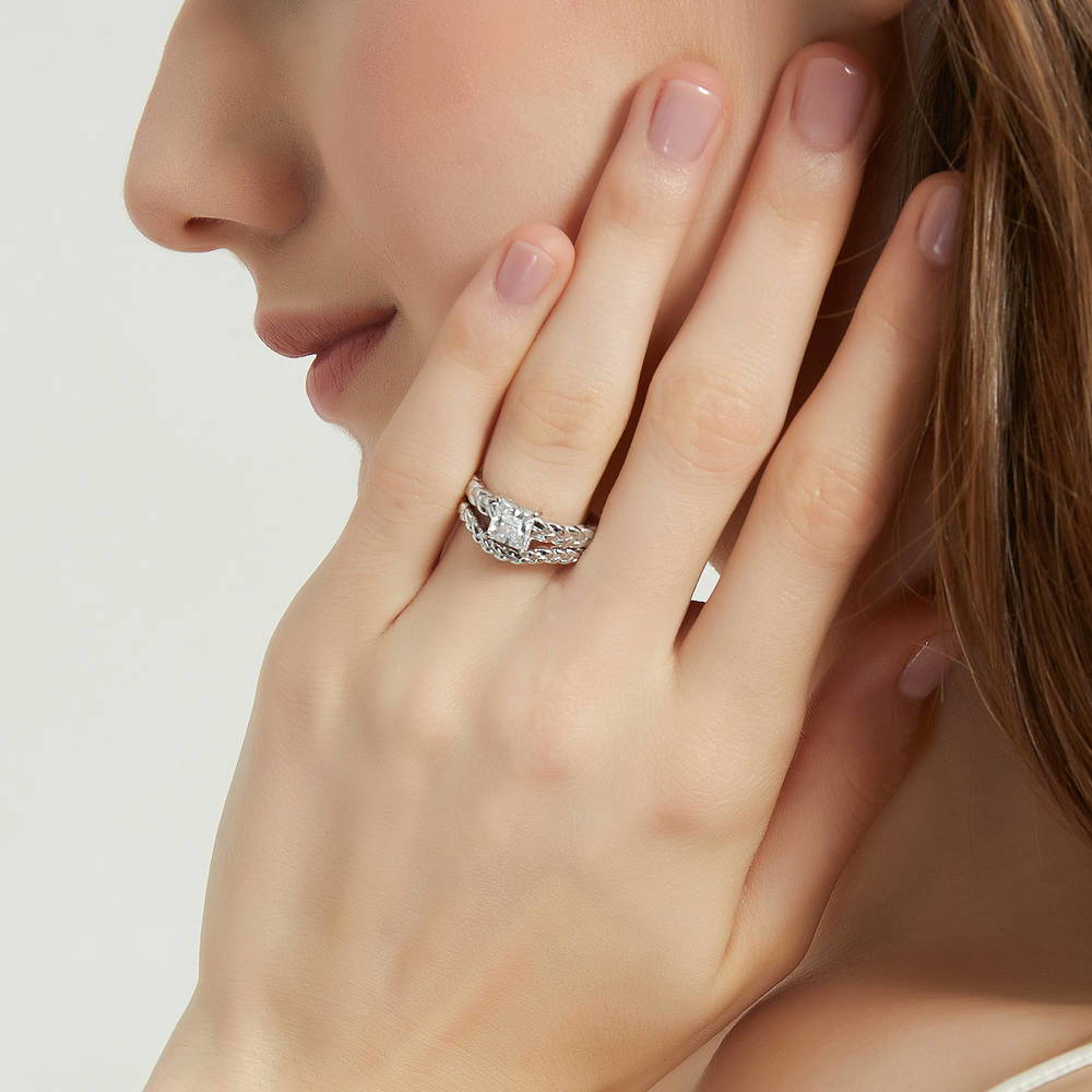 Model wearing Solitaire Woven 1.2ct Princess CZ Ring Set in Sterling Silver, 2 of 17