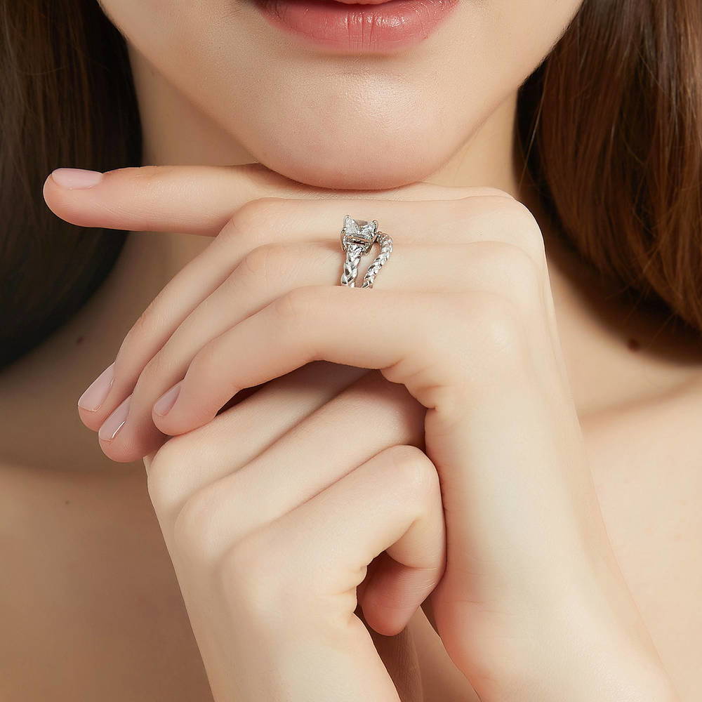 Model wearing Solitaire Woven 1.2ct Princess CZ Ring Set in Sterling Silver, 6 of 17