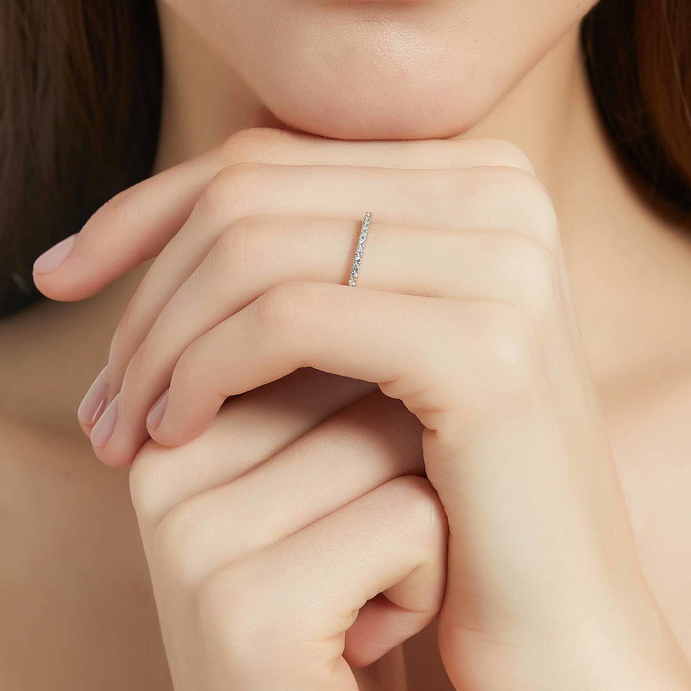 Model wearing 3-Stone 1.2ct Oval CZ Ring Set in Sterling Silver, 16 of 17