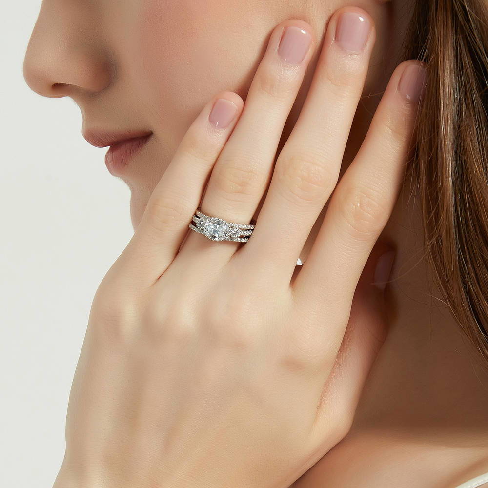 Model wearing 3-Stone 1.2ct Oval CZ Ring in Sterling Silver, 13 of 17