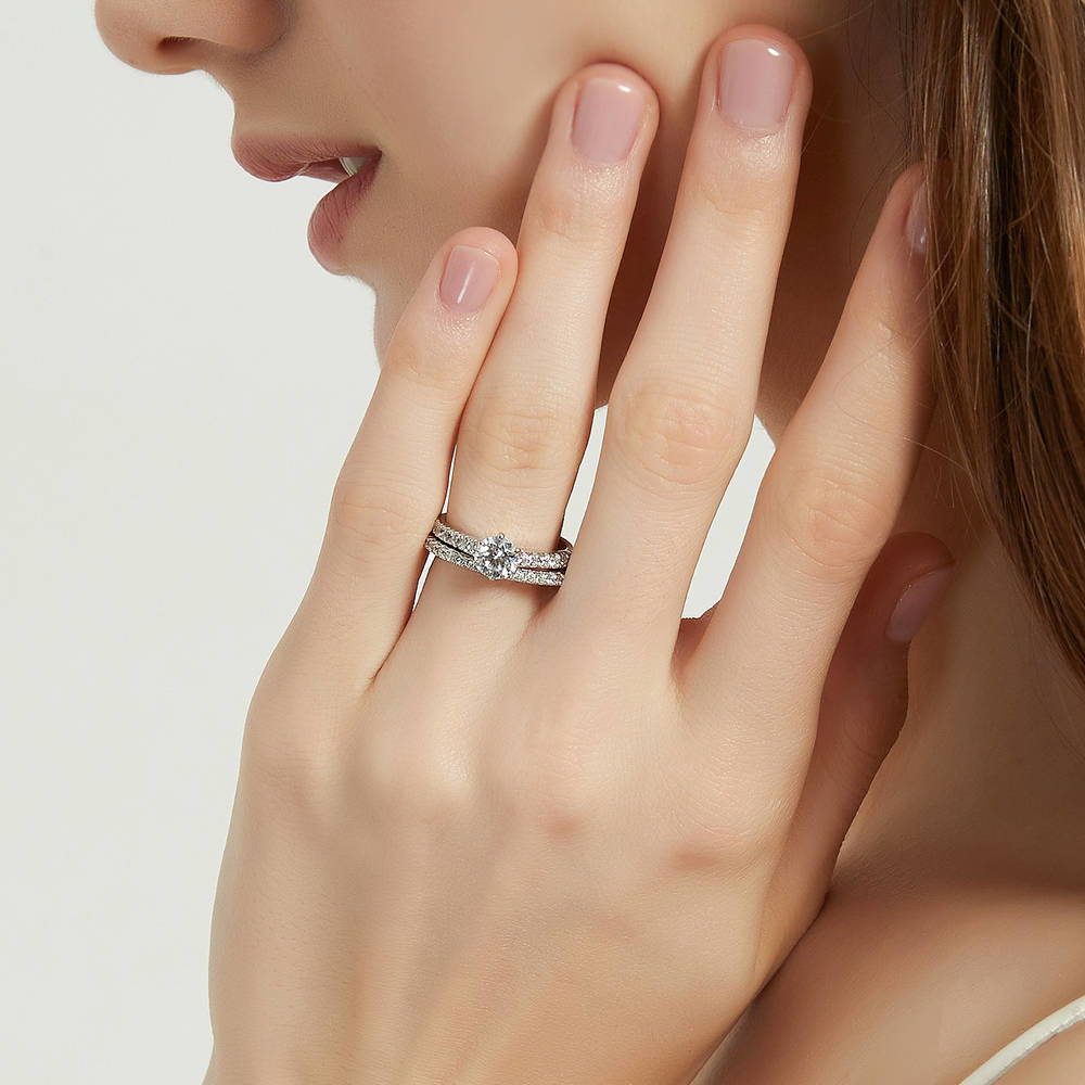 Model wearing Solitaire 0.8ct Round CZ Ring Set in Sterling Silver, 2 of 14