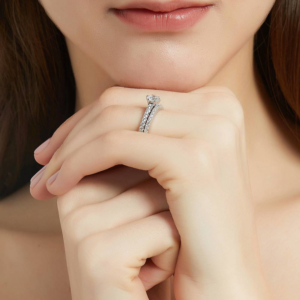 Model wearing Solitaire 0.8ct Round CZ Ring Set in Sterling Silver, 6 of 14