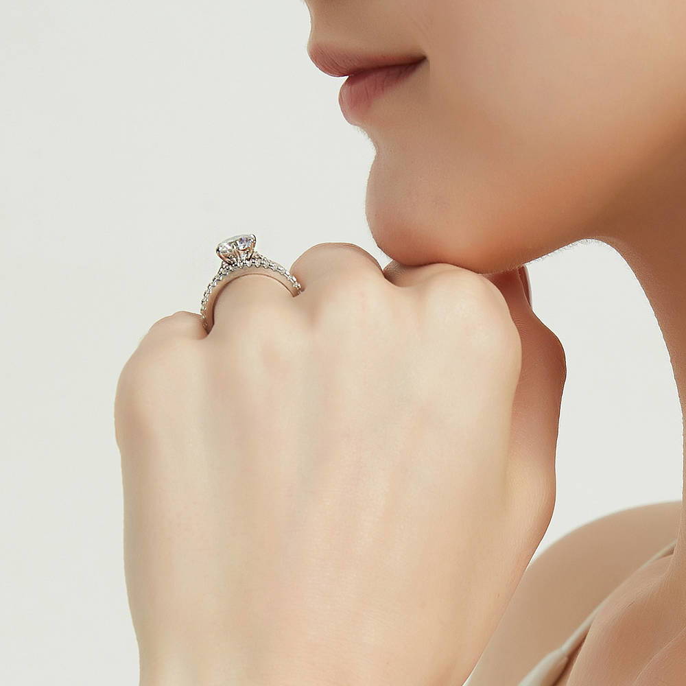 Model wearing Solitaire 2ct CZ Ring Set in Sterling Silver, 10 of 16