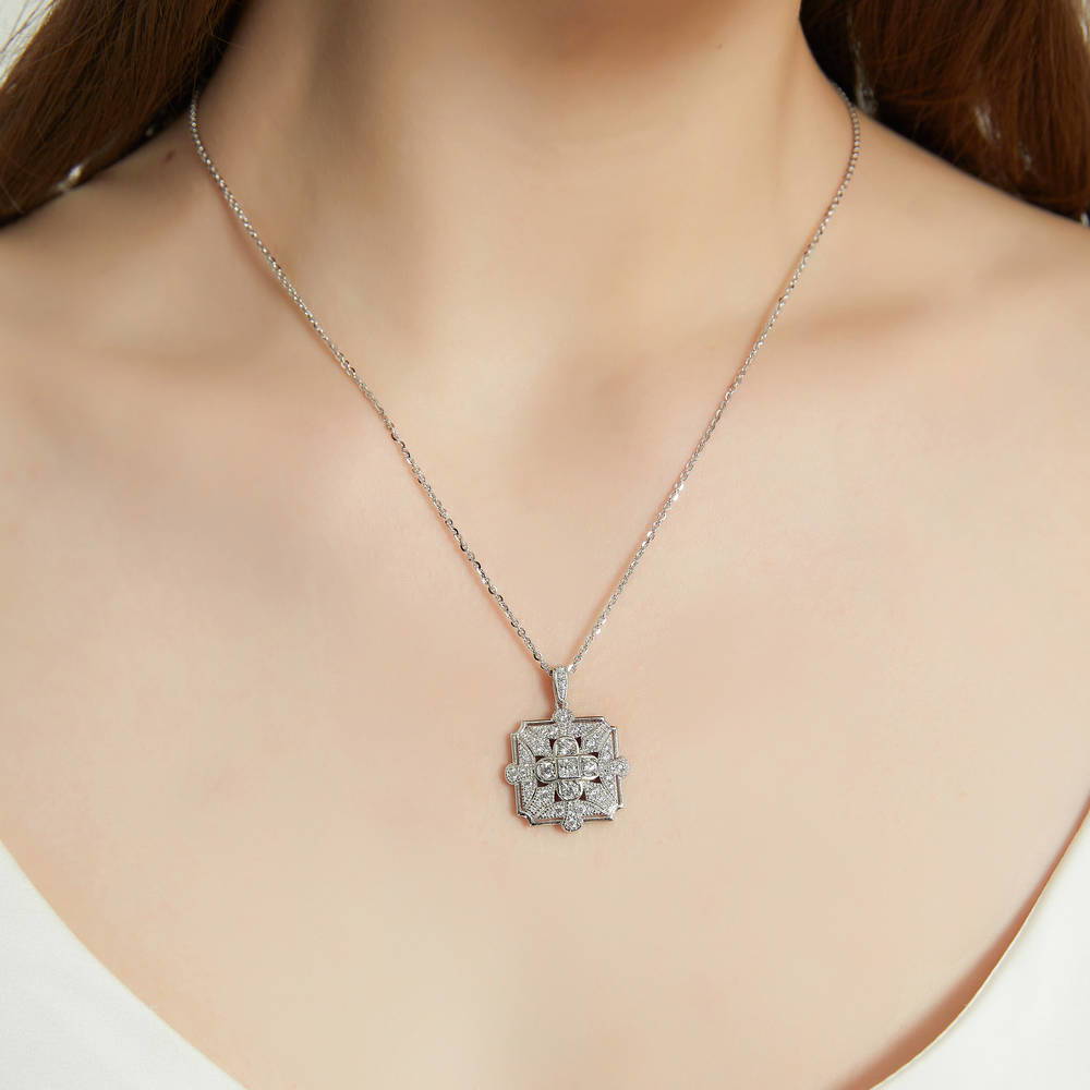Model wearing Art Deco CZ Pendant Necklace in Sterling Silver, 2 of 6