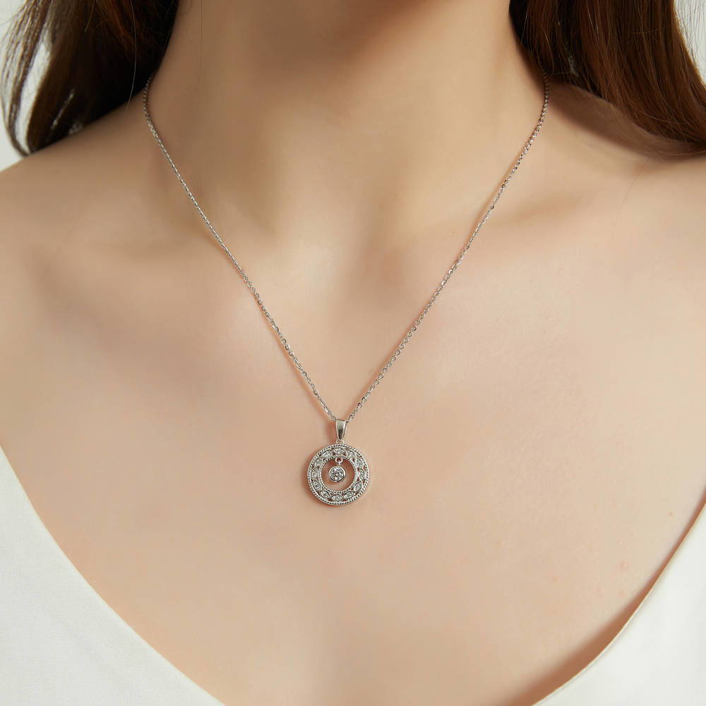 Woven Open Circle CZ Pendant Necklace in Sterling Silver