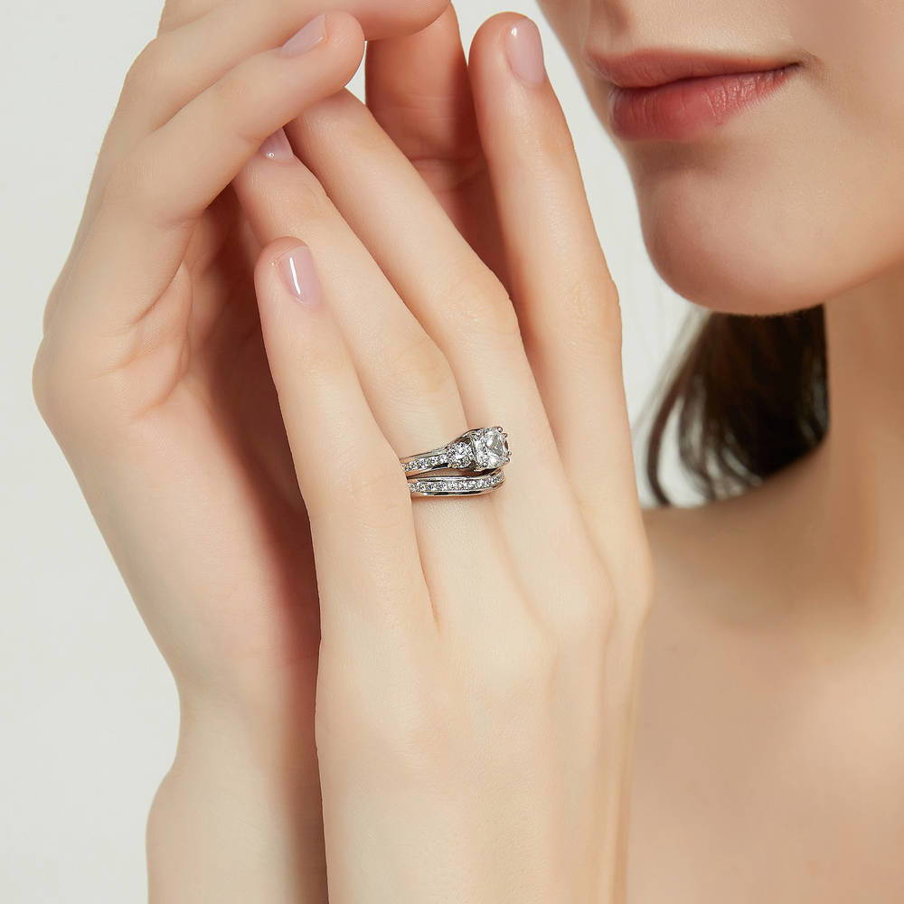 Model wearing 3-Stone 1.5ct Cushion CZ Ring Set in Sterling Silver, 6 of 18
