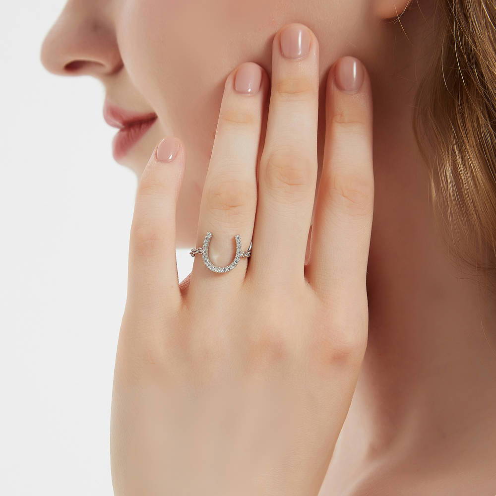 Model wearing Horseshoe CZ Chain Ring in Sterling Silver, 2 of 8