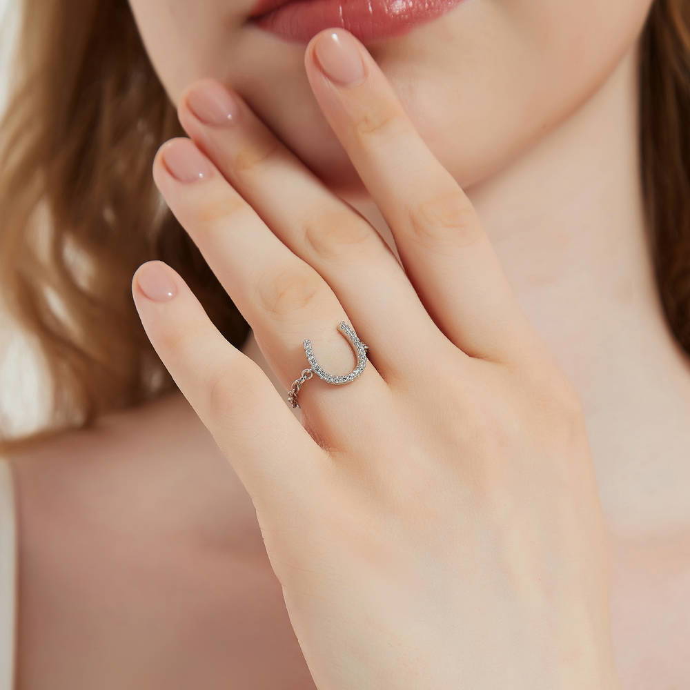 Model wearing Horseshoe CZ Chain Ring in Sterling Silver, 3 of 8