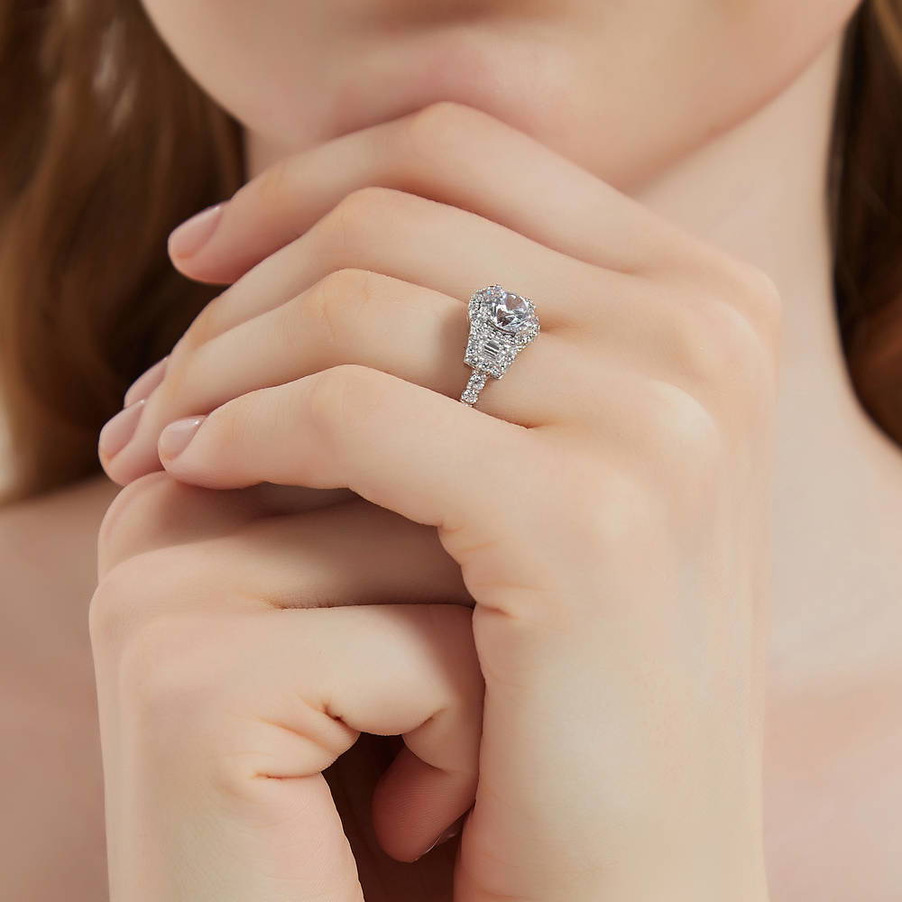 3-Stone Halo Art Deco 1.6ct CZ Ring in Sterling Silver