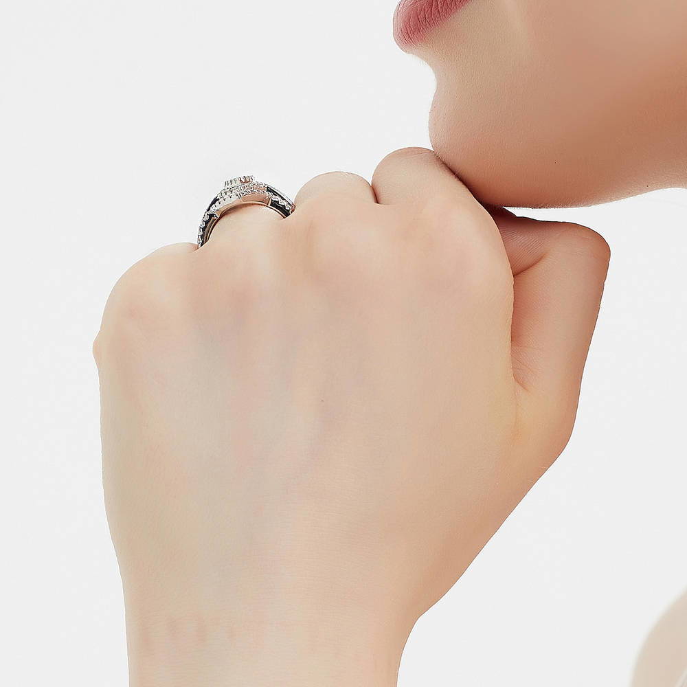 Model wearing Halo Milgrain Marquise CZ Ring in Sterling Silver, 12 of 17