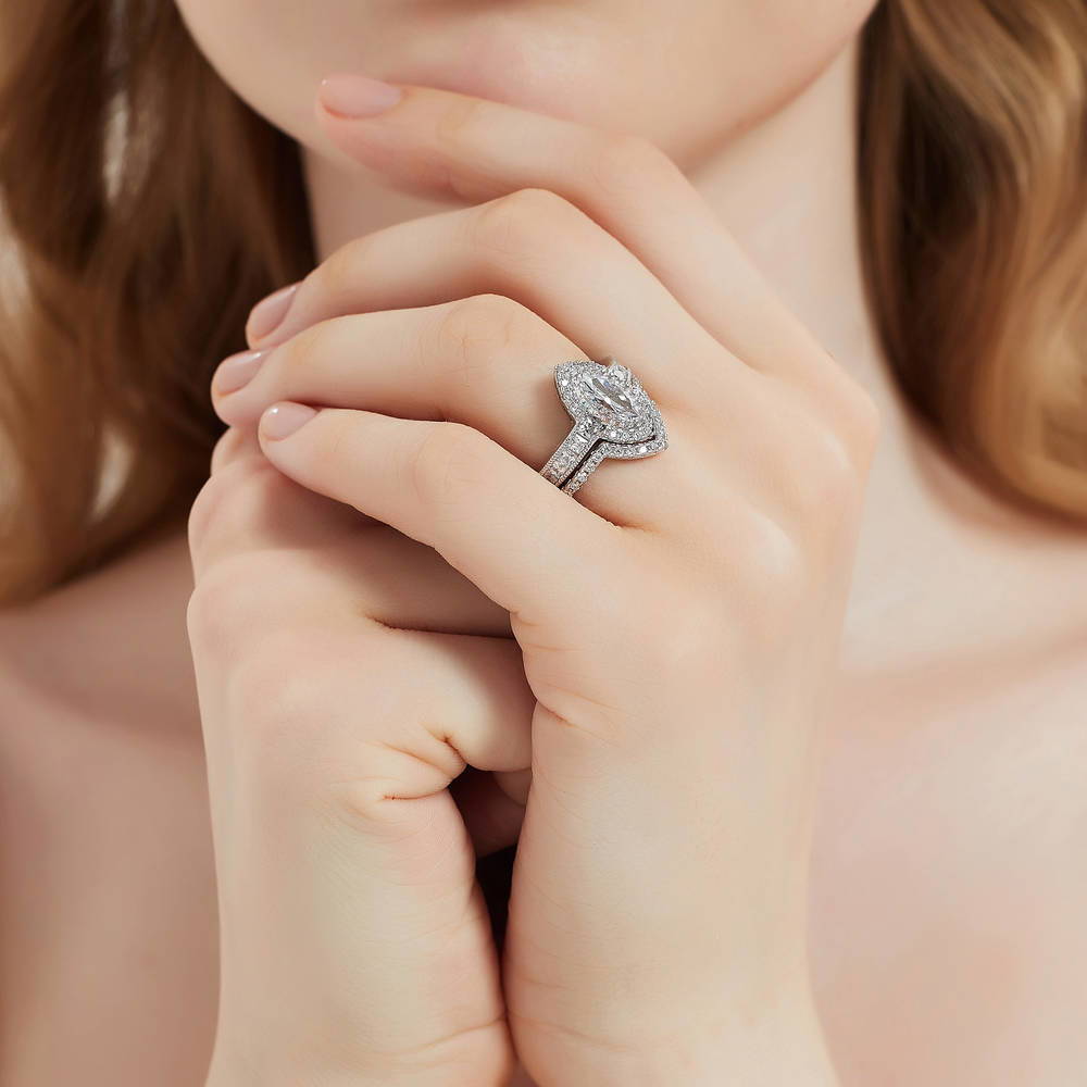 Model wearing Halo Milgrain Marquise CZ Ring in Sterling Silver, 11 of 17