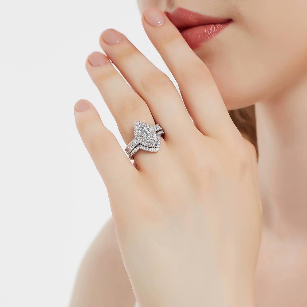 Model wearing Halo Milgrain Marquise CZ Ring in Sterling Silver, 10 of 17