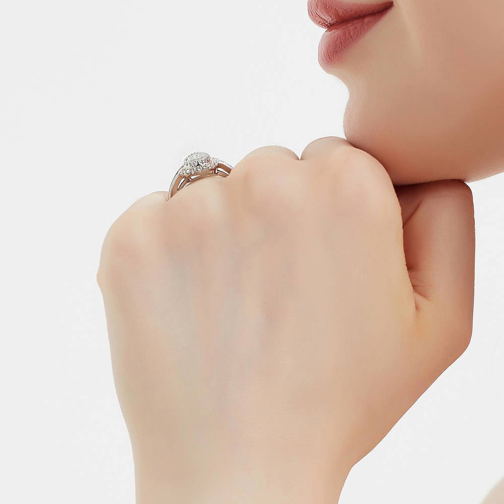 Model wearing Halo Milgrain Pear CZ Ring in Sterling Silver, 7 of 9