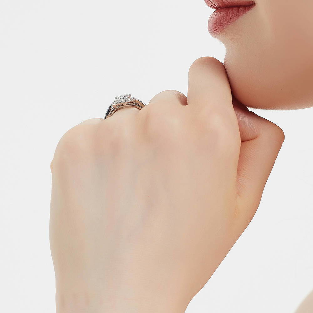 Halo Milgrain Pear CZ Ring in Sterling Silver
