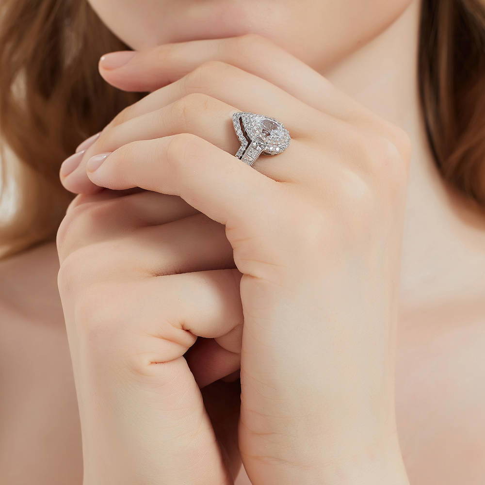 Halo Milgrain Pear CZ Ring in Sterling Silver