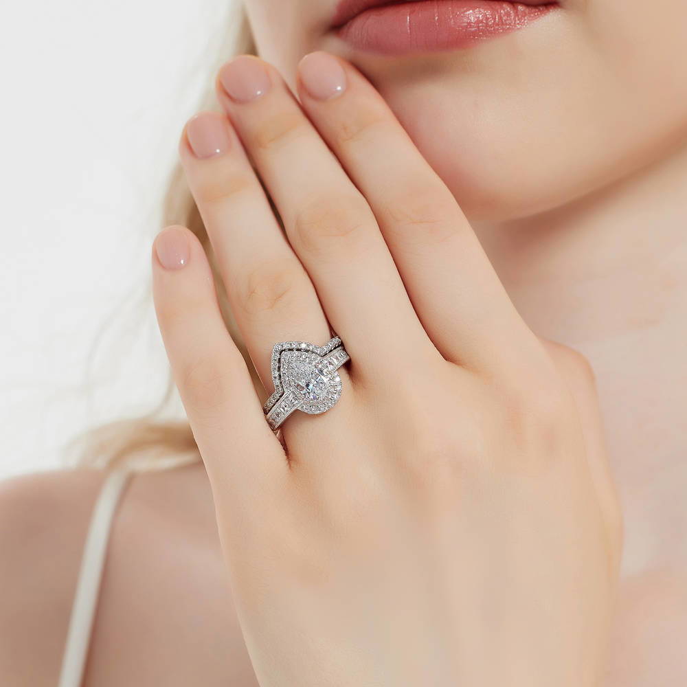 Model wearing Halo Milgrain Pear CZ Ring in Sterling Silver, 10 of 19
