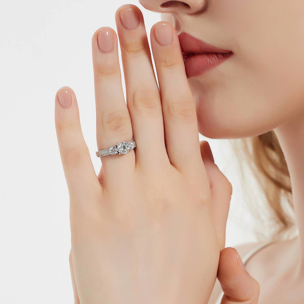 Model wearing 3-Stone Round CZ Ring in Sterling Silver, 3 of 9