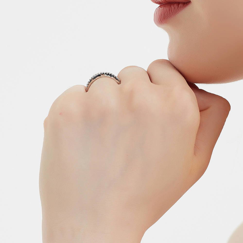 Model wearing 3-Stone Round CZ Ring Set in Sterling Silver