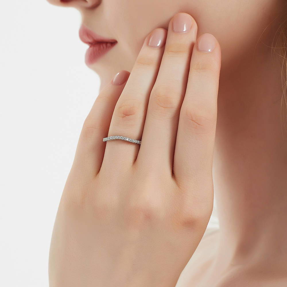 Model wearing 3-Stone Round CZ Ring Set in Sterling Silver