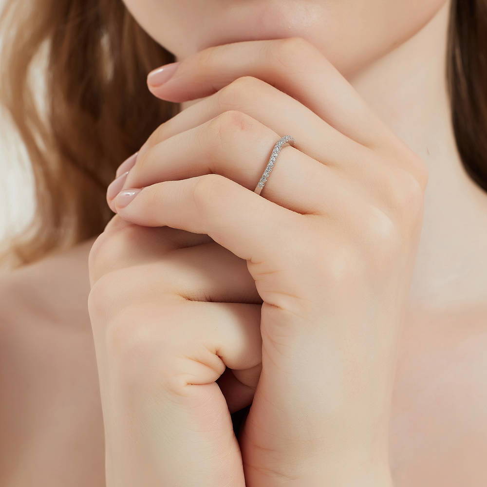 Model wearing 3-Stone Round CZ Ring Set in Sterling Silver