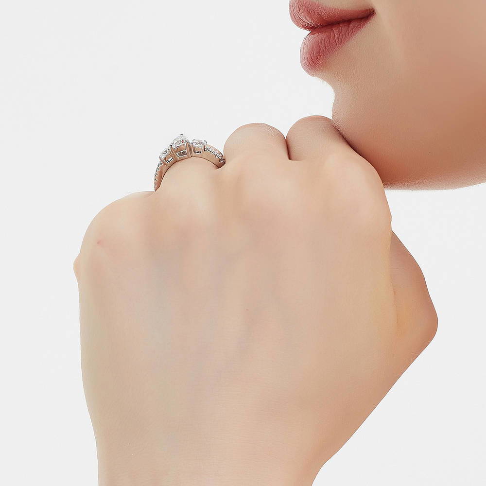 Model wearing 3-Stone 0.8ct Pear CZ Ring in Sterling Silver, 7 of 9