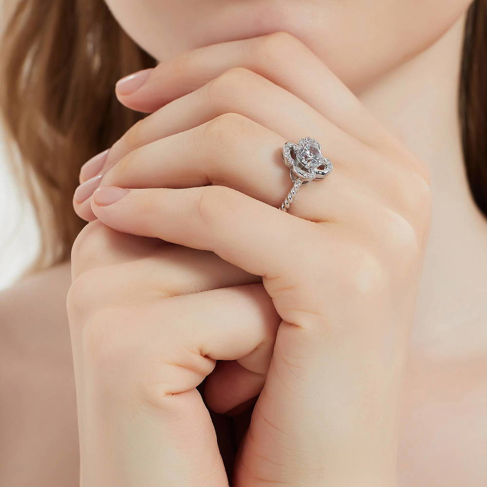 Model wearing Flower CZ Ring in Sterling Silver, 6 of 9