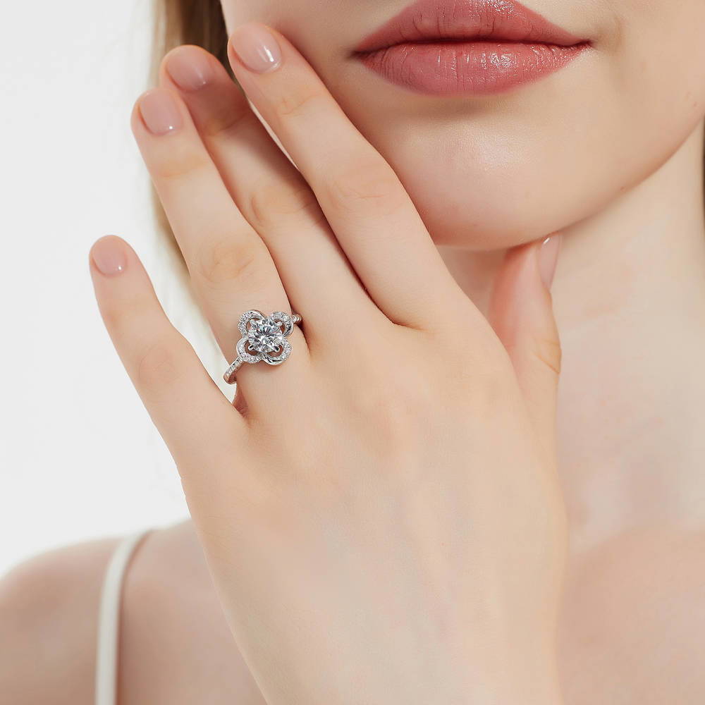 Model wearing Flower CZ Ring in Sterling Silver, 3 of 9