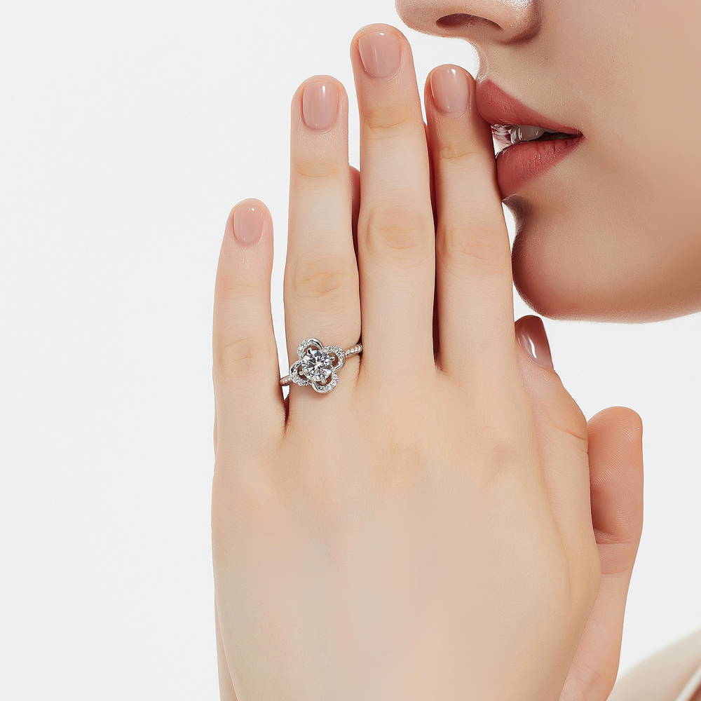 Model wearing Flower CZ Ring in Sterling Silver, 2 of 9