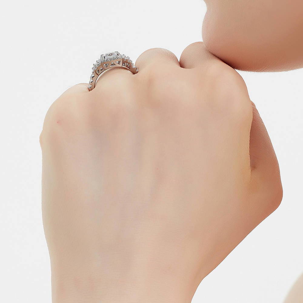 Model wearing Halo 3-Stone 1.2ct Princess CZ Ring in Sterling Silver, 7 of 11