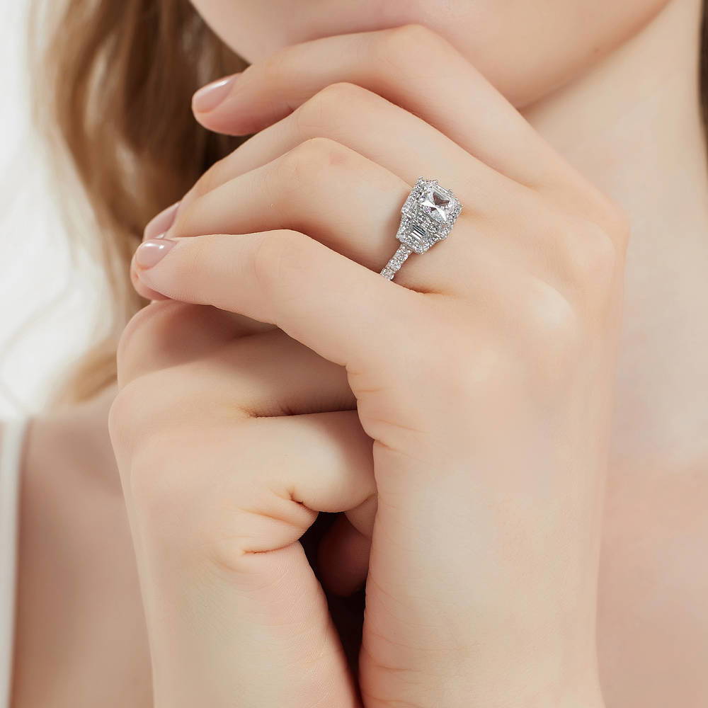 Model wearing Halo 3-Stone 1.2ct Princess CZ Ring in Sterling Silver, 6 of 11