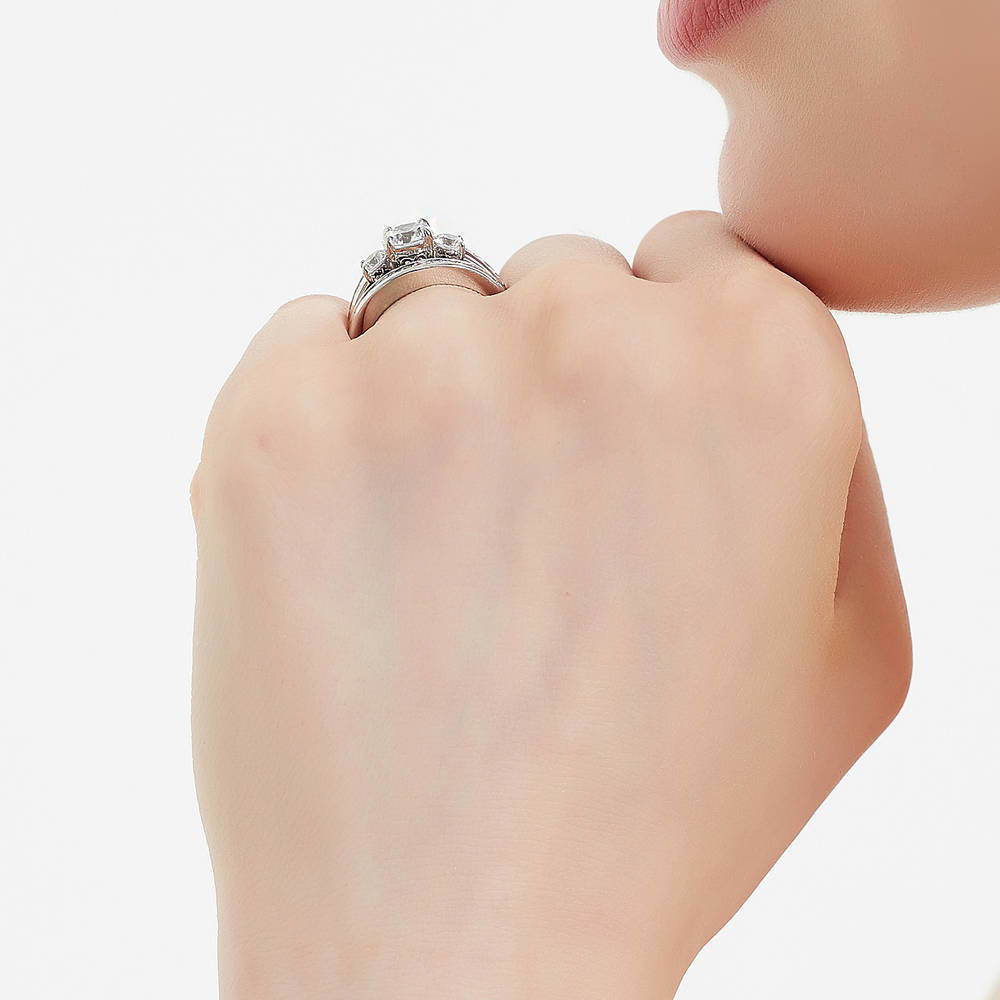 Model wearing 3-Stone Round CZ Ring Set in Sterling Silver, 8 of 18