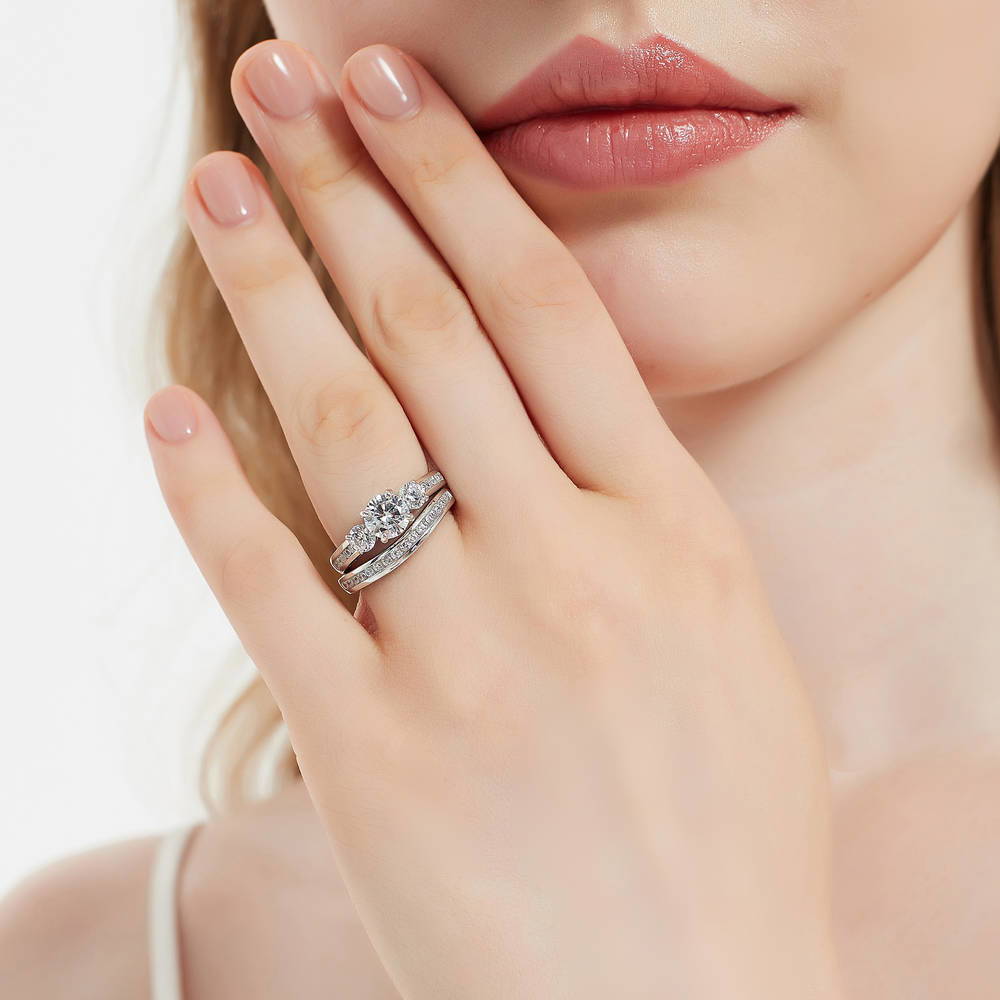 Model wearing 3-Stone Round CZ Ring Set in Sterling Silver, 5 of 18